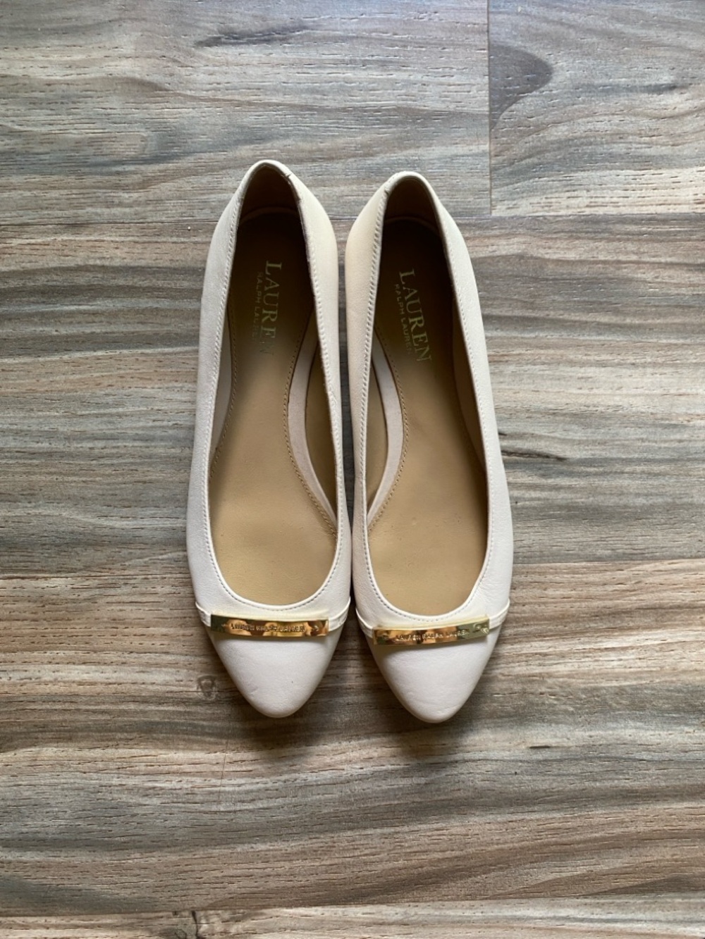 Lauren Ralph Lauren Women's Cream Pointed-Toe Flats with Gold Trim